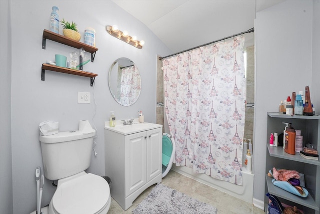 full bathroom with toilet, vaulted ceiling, vanity, shower / bathtub combination with curtain, and tile patterned flooring