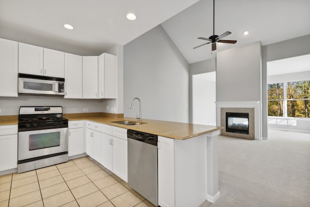 kitchen with white cabinetry, light carpet, appliances with stainless steel finishes, and sink