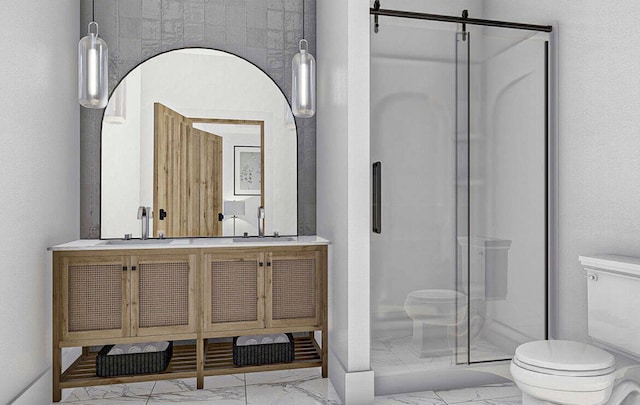 bathroom featuring tile patterned floors, vanity, a shower with door, and toilet