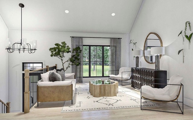 living room with light wood-type flooring and an inviting chandelier