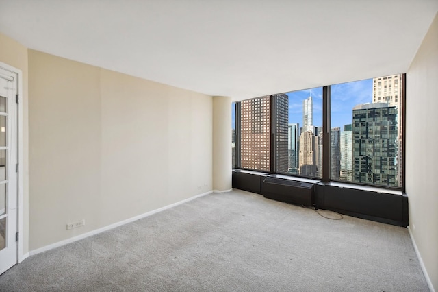 empty room with carpet, baseboards, and a city view