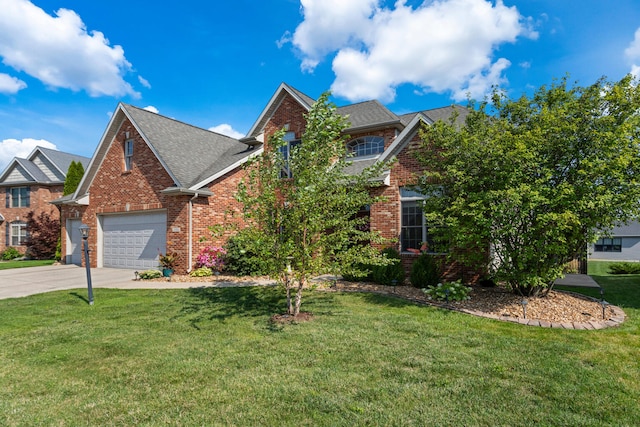 view of front facade featuring a front lawn and a garage