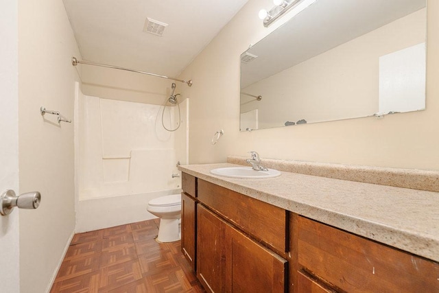 full bath with toilet, washtub / shower combination, vanity, and visible vents