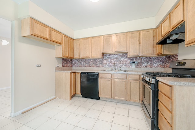 kitchen featuring stainless steel gas range, backsplash, black dishwasher, and light tile patterned floors