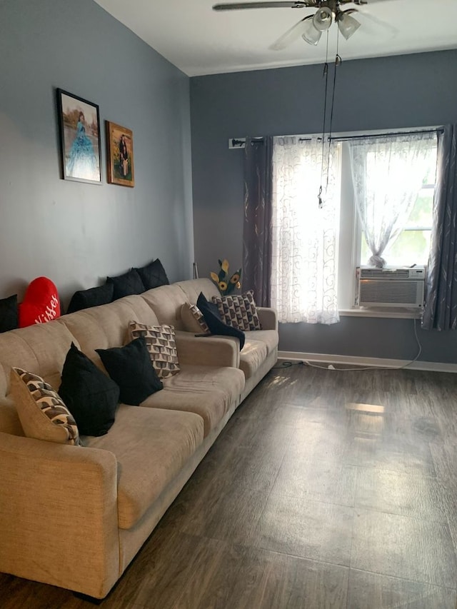 living room with hardwood / wood-style flooring, cooling unit, and ceiling fan