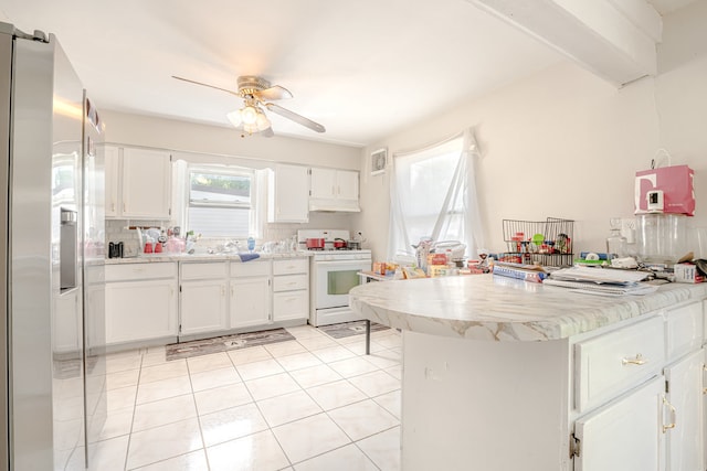 kitchen featuring white electric range oven, tasteful backsplash, ceiling fan, and white cabinetry