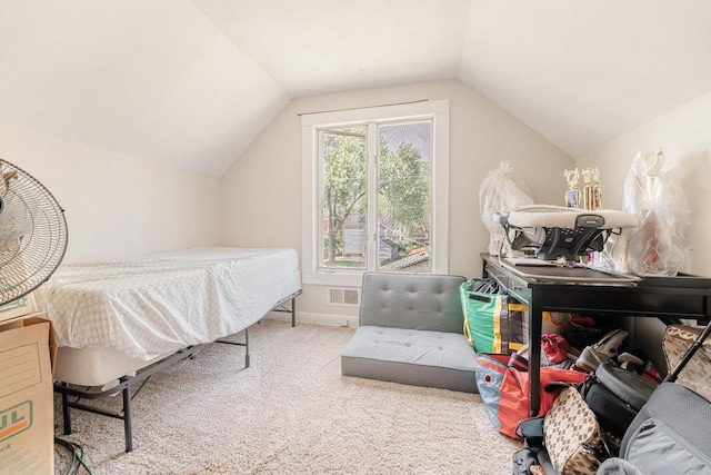 bedroom featuring lofted ceiling, carpet, visible vents, and baseboards