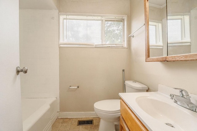 bathroom with visible vents, baseboards, toilet, tile patterned flooring, and vanity