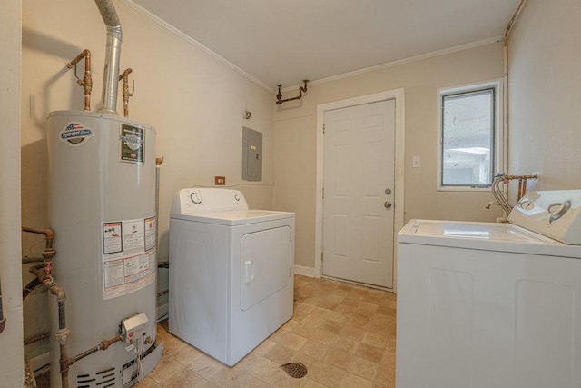 laundry room with gas water heater, crown molding, washing machine and clothes dryer, laundry area, and electric panel