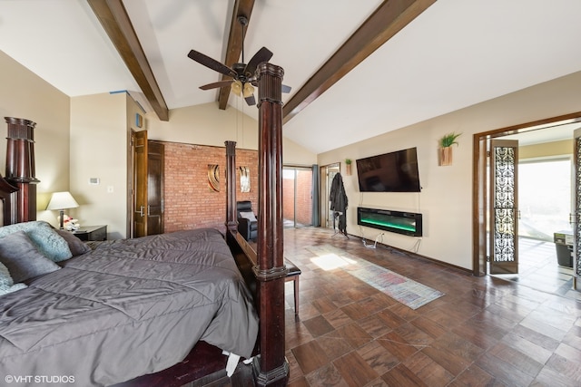 bedroom with brick wall, access to outside, ceiling fan, and vaulted ceiling with beams