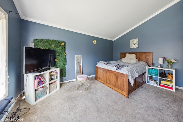 carpeted bedroom featuring crown molding and lofted ceiling