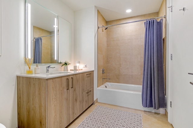 bathroom with vanity, shower / tub combo, and tile patterned floors