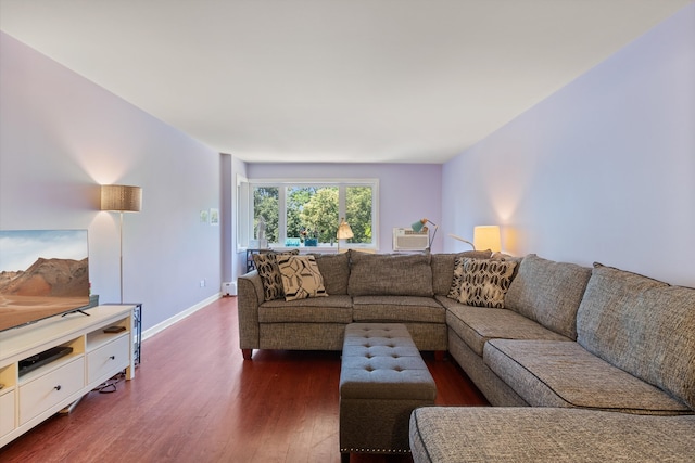 living room featuring a wall mounted AC and dark wood-type flooring