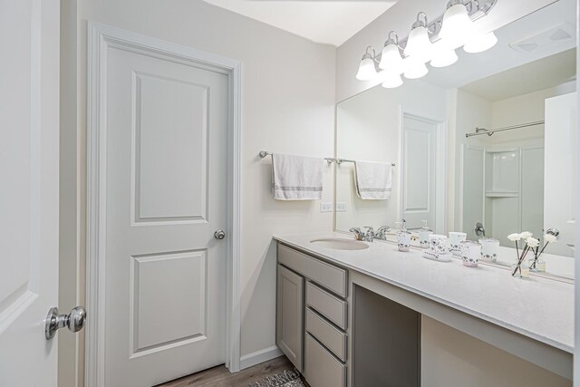 bathroom with vanity and wood-type flooring