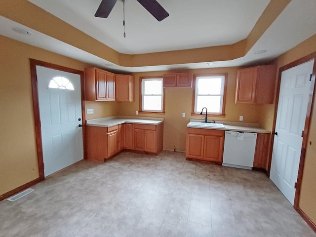 kitchen with dishwasher, ceiling fan, and sink