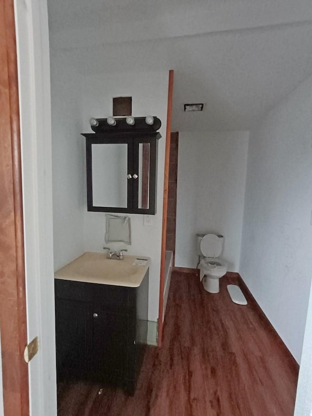 bathroom featuring vanity, hardwood / wood-style flooring, toilet, and walk in shower