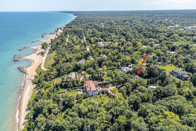 aerial view featuring a water view and a view of trees