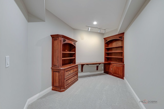 interior details featuring track lighting and carpet