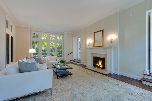 living room featuring ornamental molding and hardwood / wood-style floors