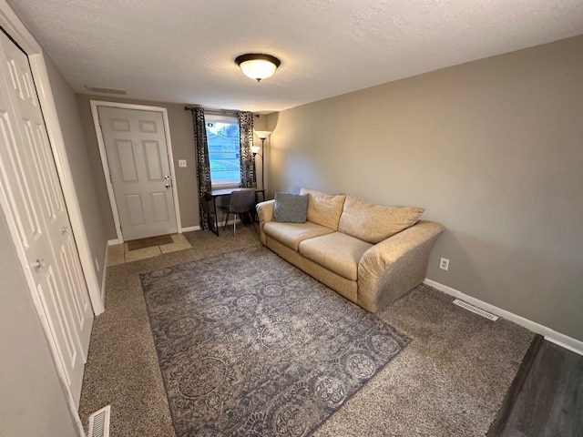 carpeted living room with a textured ceiling