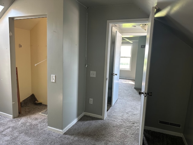 hall with carpet and lofted ceiling