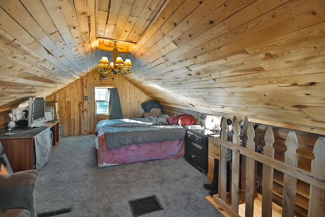 bedroom featuring wood walls, carpet, wooden ceiling, and lofted ceiling