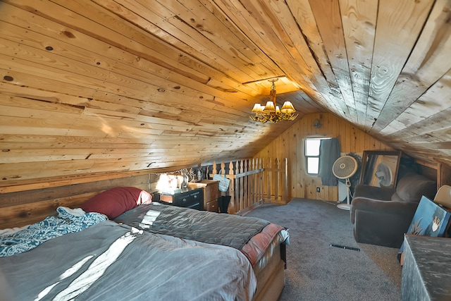 unfurnished bedroom featuring a notable chandelier, carpet floors, vaulted ceiling, and wood ceiling