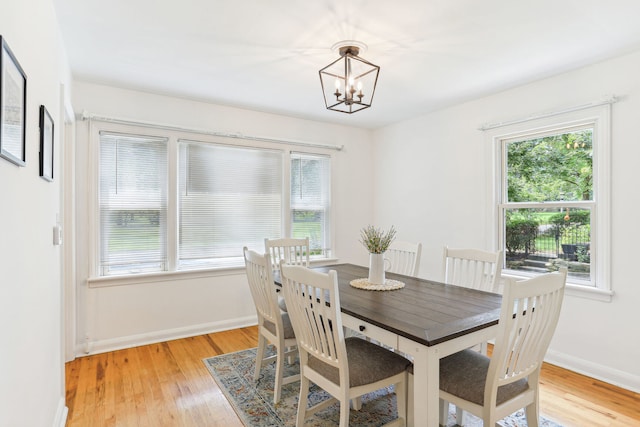 dining room with plenty of natural light, an inviting chandelier, and light hardwood / wood-style flooring