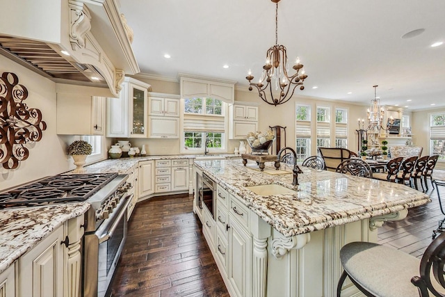 1 Willowcrest Dr, Oak Brook, IL 60523 - kitchen with a sink, a healthy amount of sunlight, high end stainless steel range oven, and a notable chandelier