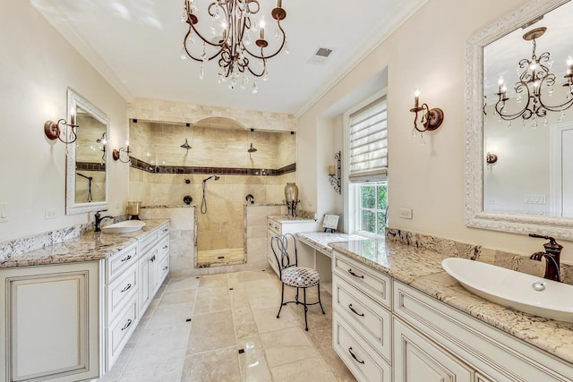 1 Willowcrest Dr, Oak Brook, IL 60523 - full bath featuring visible vents, two vanities, a sink, a stall shower, and a notable chandelier