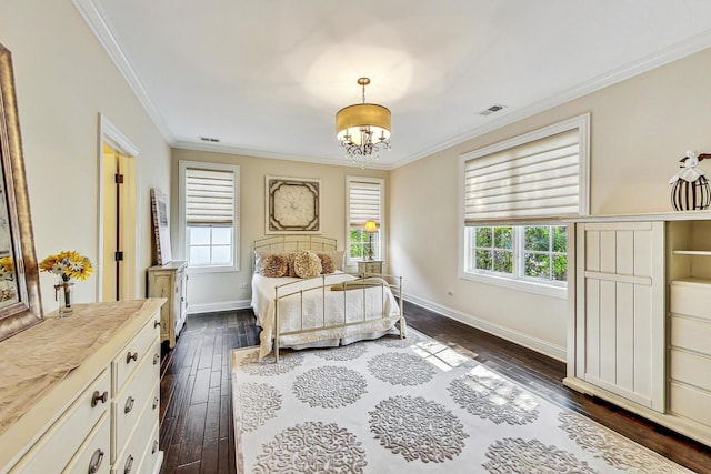1 Willowcrest Dr, Oak Brook, IL 60523 - bedroom featuring visible vents, dark wood-style flooring, baseboards, and a chandelier