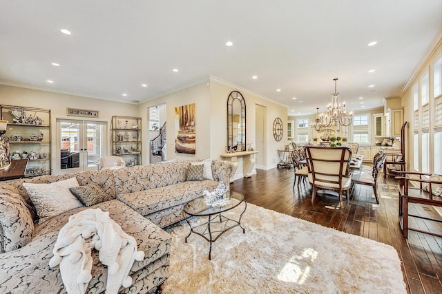 1 Willowcrest Dr, Oak Brook, IL 60523 - living room featuring ornamental molding, recessed lighting, french doors, dark wood finished floors, and a notable chandelier