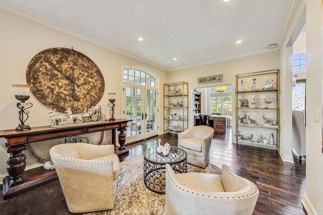 1 Willowcrest Dr, Oak Brook, IL 60523 - living area with crown molding, wood-type flooring, french doors, and a wealth of natural light