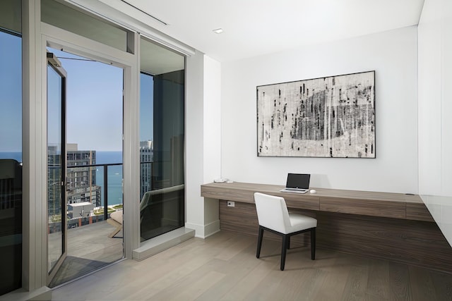 office featuring light wood-type flooring, a wall of windows, and a water view