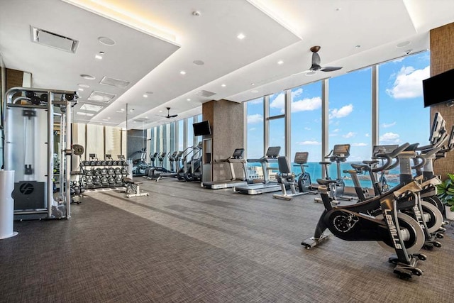 exercise room with ceiling fan and expansive windows