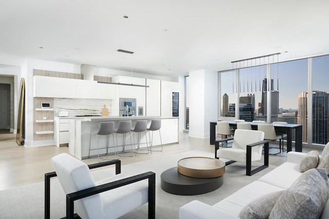 living room with a wall of windows, sink, and light hardwood / wood-style flooring