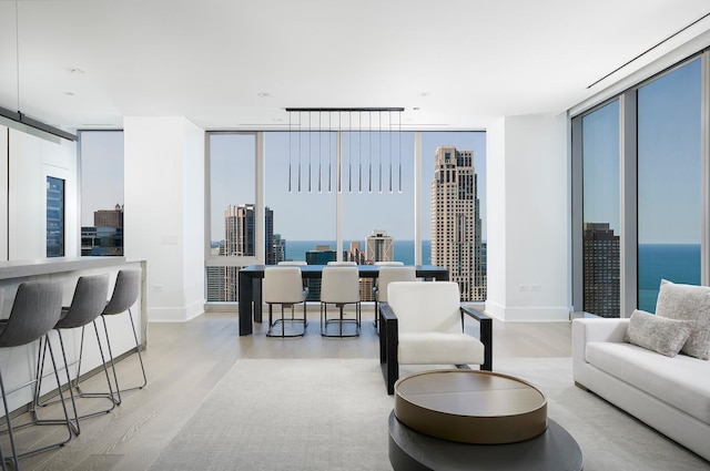 living room featuring a water view, expansive windows, and light wood-type flooring