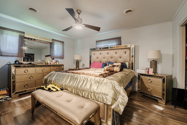 bedroom featuring ceiling fan and dark wood-type flooring