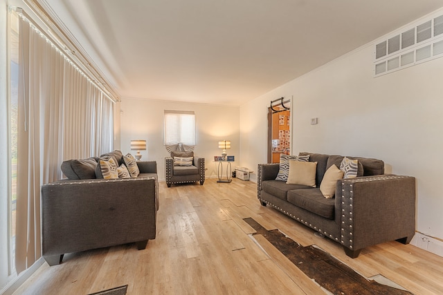 living room featuring crown molding and light hardwood / wood-style flooring