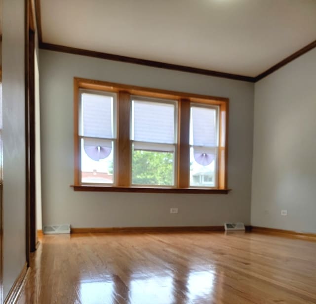 unfurnished room with light hardwood / wood-style floors and crown molding