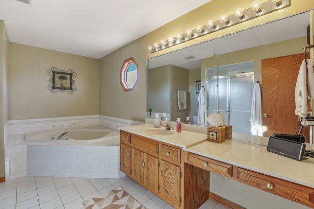 bathroom with tile patterned floors, vanity, and plus walk in shower