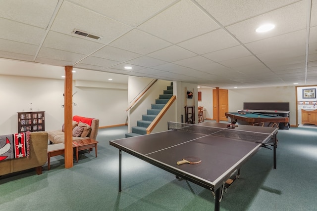 rec room with carpet flooring, a drop ceiling, and pool table