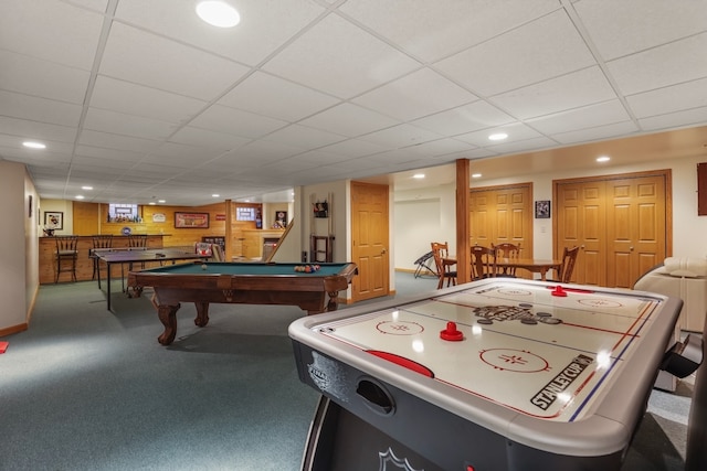 game room with carpet floors, a drop ceiling, and pool table