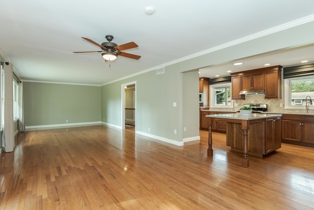 kitchen featuring a center island, light hardwood / wood-style floors, crown molding, and tasteful backsplash