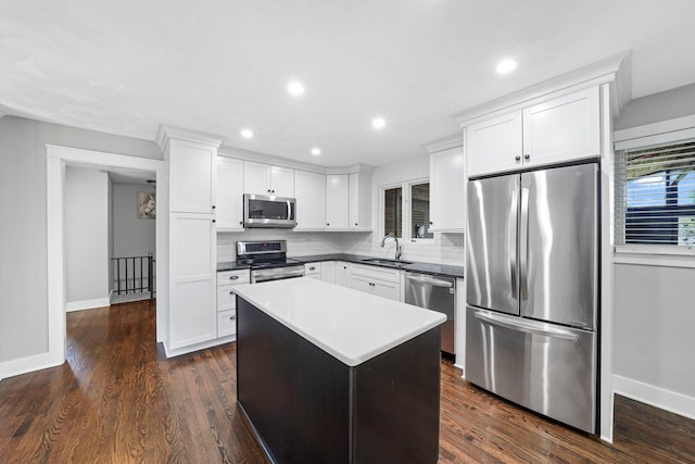 kitchen featuring sink, dark hardwood / wood-style floors, stainless steel appliances, and backsplash