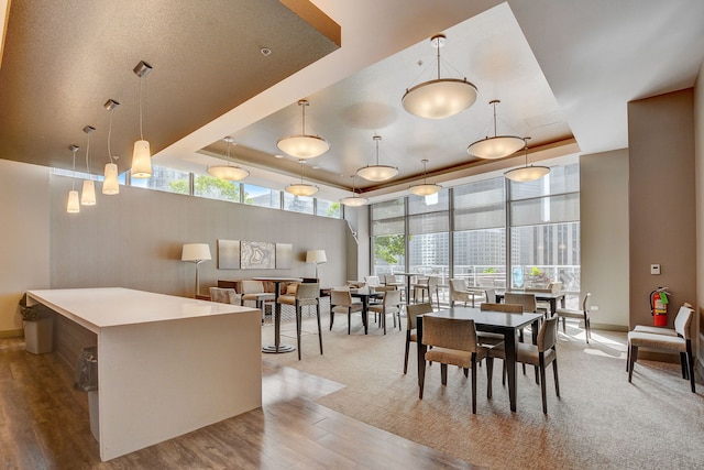 dining room featuring a tray ceiling and light wood-type flooring