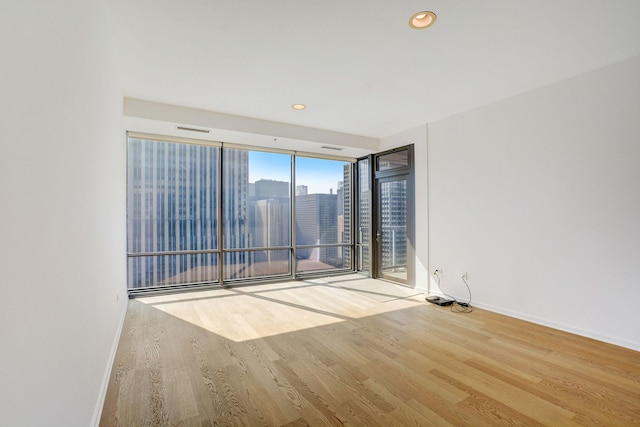 empty room featuring a wall of windows and wood-type flooring