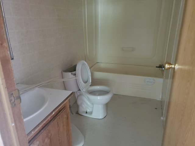 full bathroom featuring shower / bath combination, toilet, and vanity