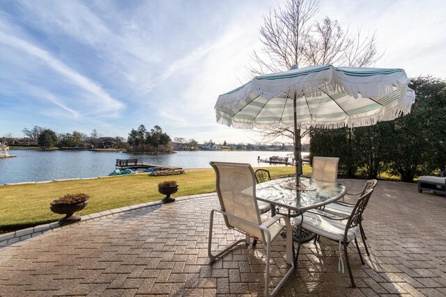 view of patio featuring a water view