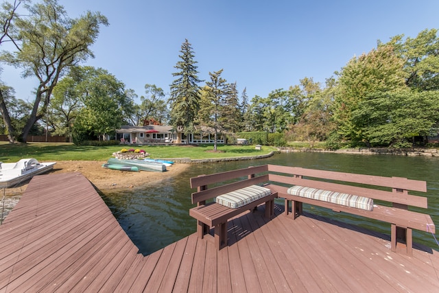 dock area featuring a water view and a yard